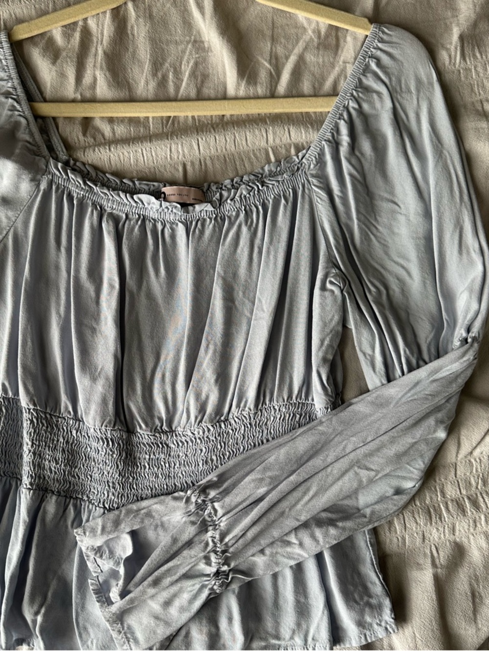 SO Light Blue Smocked-Waist Peasant Blouse